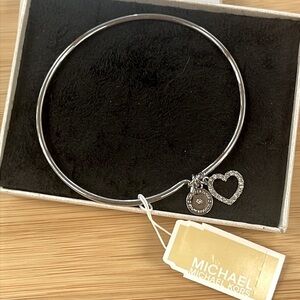 Brand New Michael Kors Silver Tone Rhinestone Heart Logo Charm Bangle Bracelet